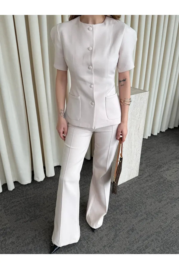 Bej Balon Kol Düğmeli Ceket Pantolon Takım - 0440