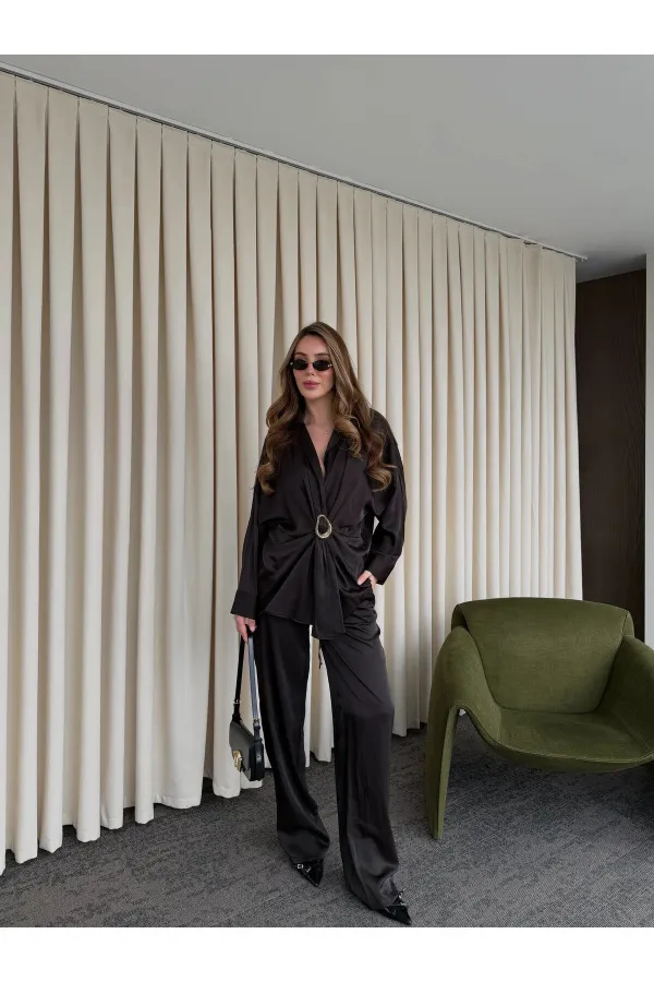 Brown Buckled Shirt and Trousers Set - 51240 Brown Buckled Shirt and Trousers Set - 51240