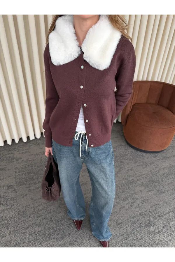 Bordo Yakası Kürklü Hırka - 261002
