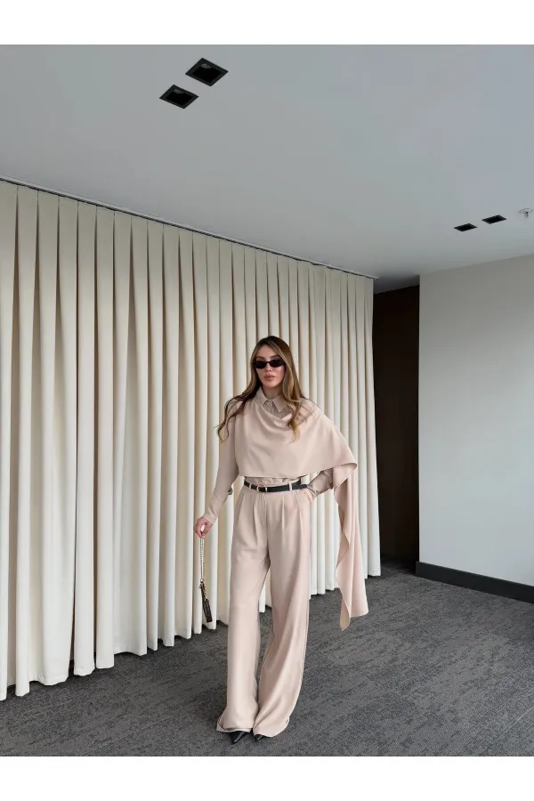 Bej Kemerli Şal Yaka Gömlek Pantolon Takım - 8004