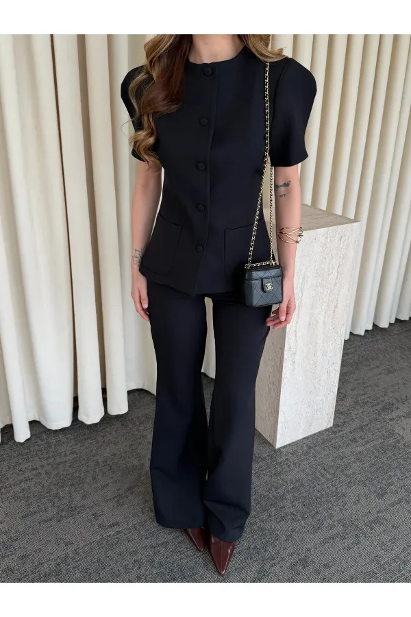 Siyah Balon Kol Düğmeli Ceket Pantolon Takım - 0440
