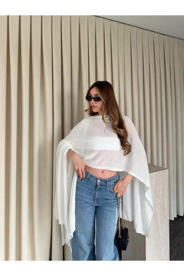 Ekru Muadil Tasarım Triko Pelerin Şal - 5241