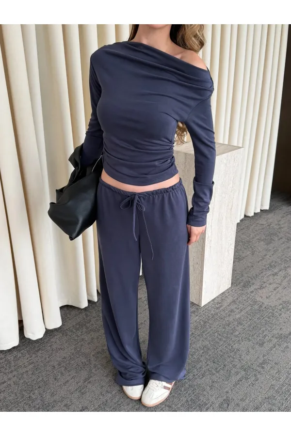 İndigo Kayık Yaka Modal İkili Takım - 7323