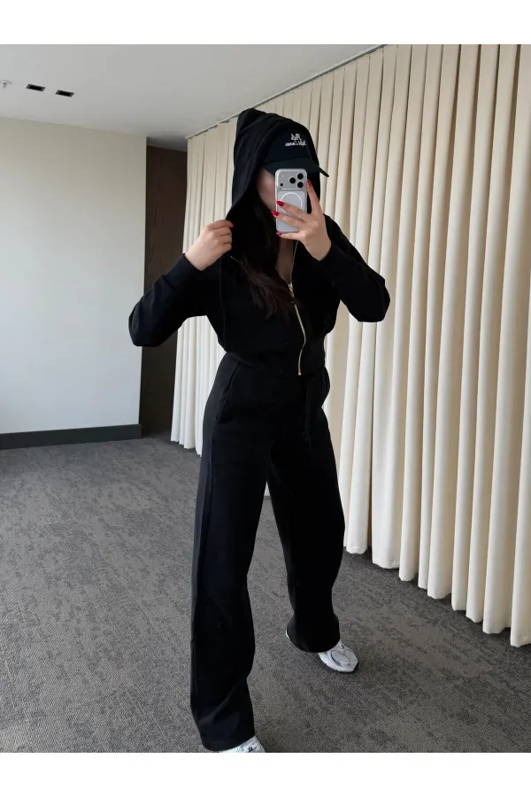 Siyah %100 Pamuk Kapüşonlu Fitilli Takım - 51232