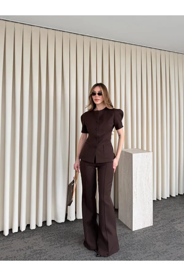 Kahverengi Balon Kol Düğmeli Ceket Pantolon Takım - 0440