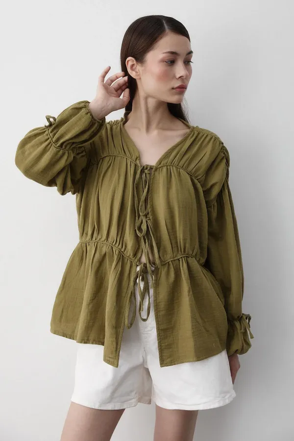 Khaki 100% Cotton Muslin Shirt with Elasticated Sleeves