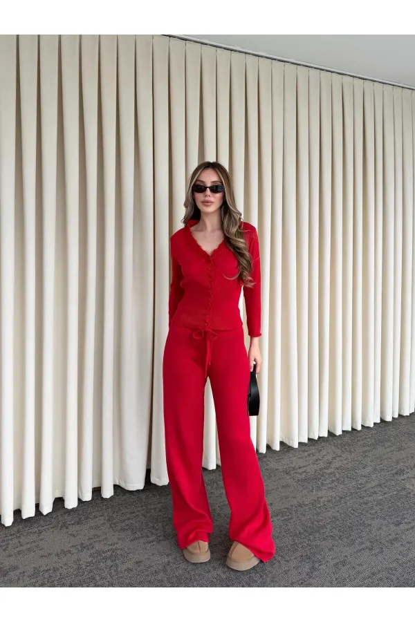 Red Lace Two-Piece Knit Set - 2602