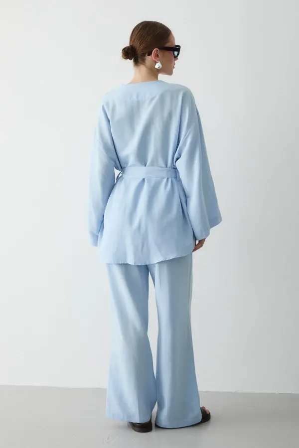 Mavi Pamuklu Kimono Bol Paça Pantolon Takım Mavi Pamuklu Kimono Bol Paça Pantolon Takım