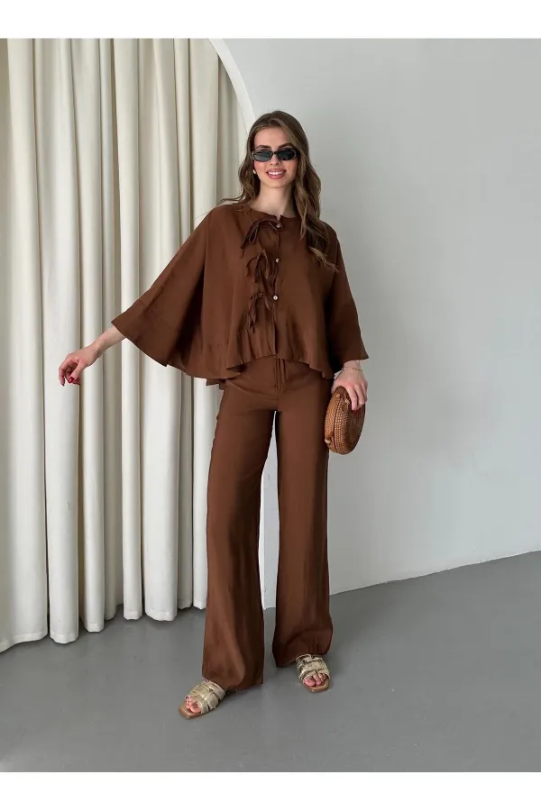 Brown Batwing Sleeve Suit with Lace-up Button Detail