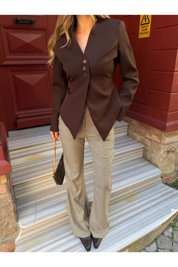 Veste asymétrique marron à ceinture - 3001