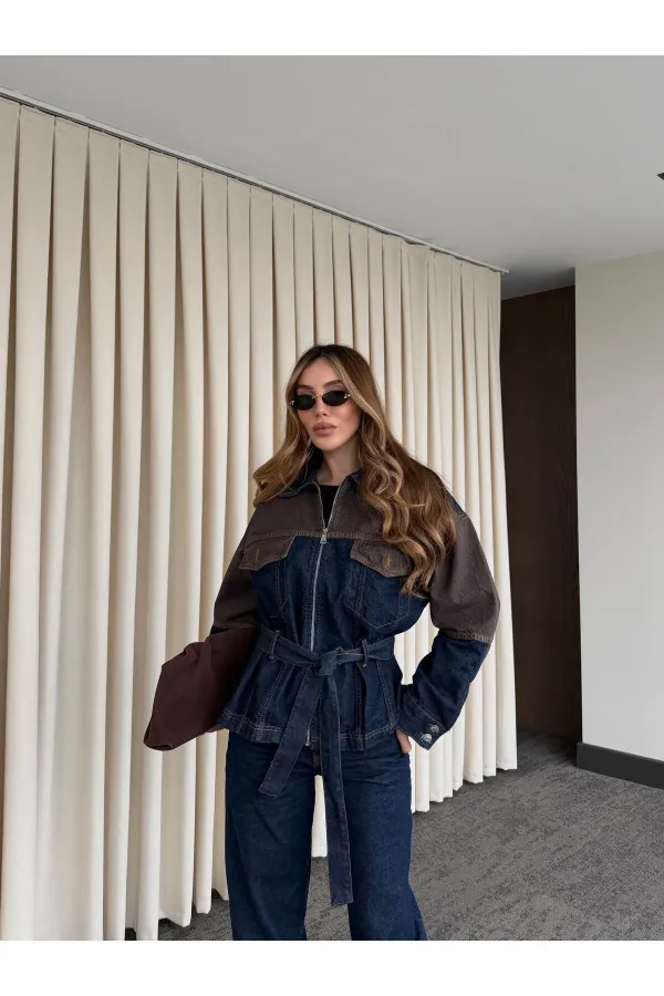 Lacivert - Kahve Bağlamalı Ceket Pantolon Denim Takım - 0836