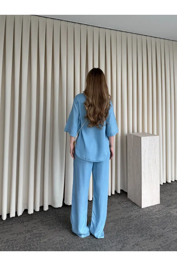 Light Blue Tencel Fabric Shirt and Pants Set - 0926