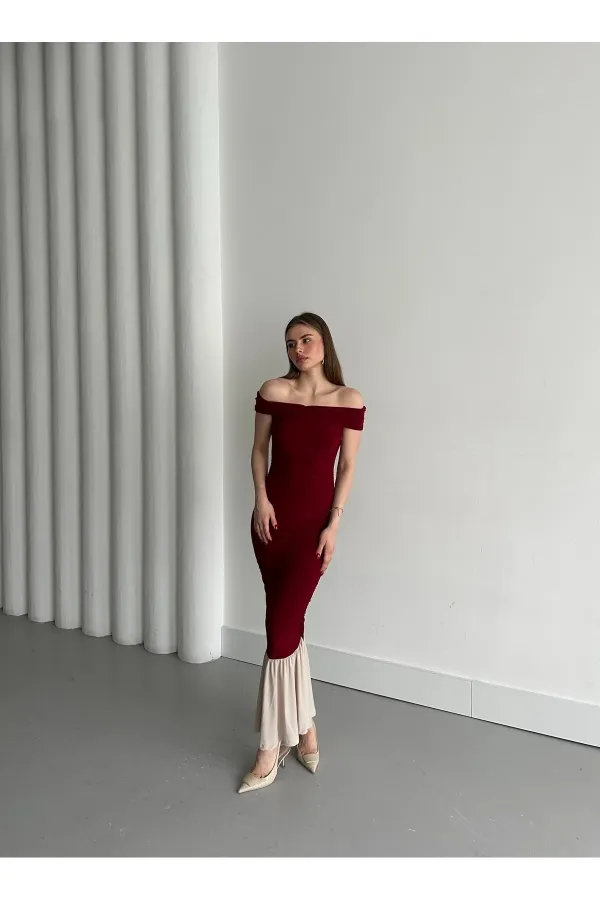 Bordo Kayık Yaka Fırfırlı Elbise - 4798