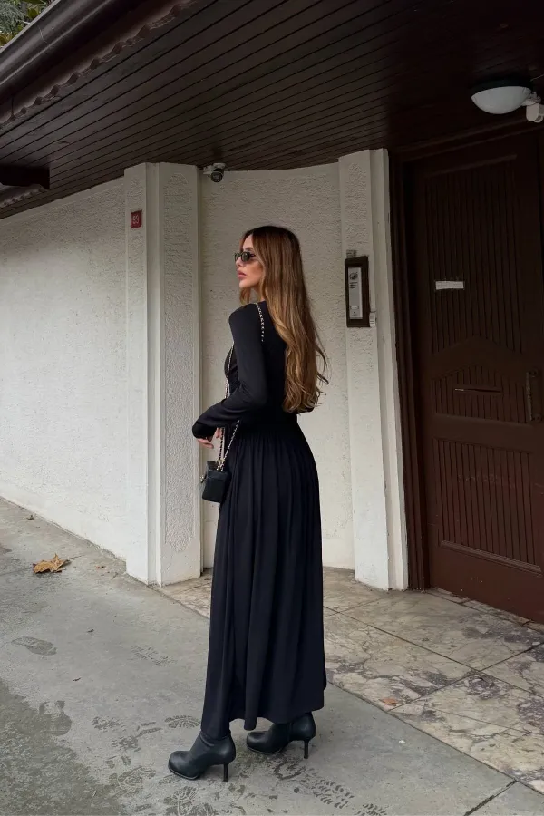 Siyah Bağlamalı Elbise - 4988