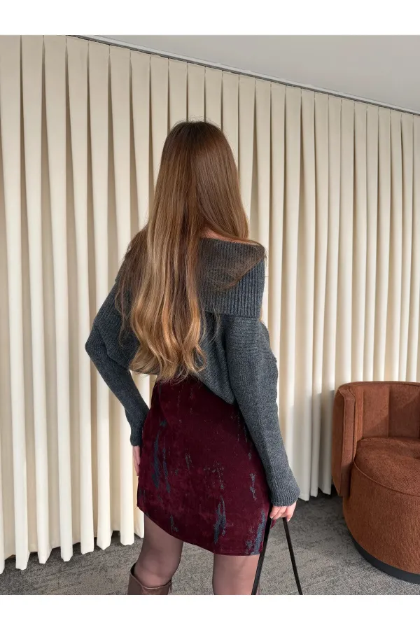 Navy Blue and Burgundy Flocked Print Skirt - 261002 Navy Blue and Burgundy Flocked Print Skirt - 261002