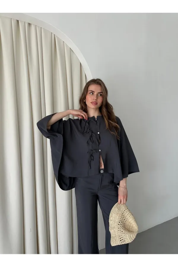 Ensemble chemisier et pantalon anthracite avec détails de surpiqûres au col - 9002