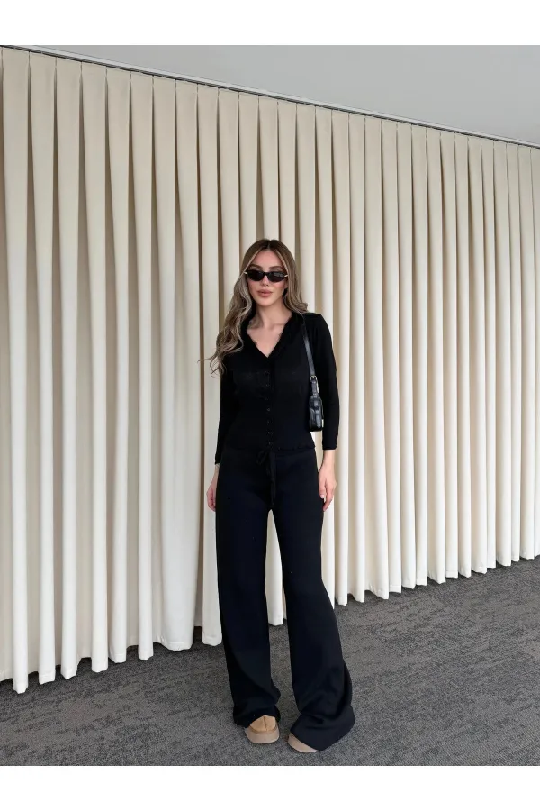 Siyah Dantelli İkili Triko Takım - 2602