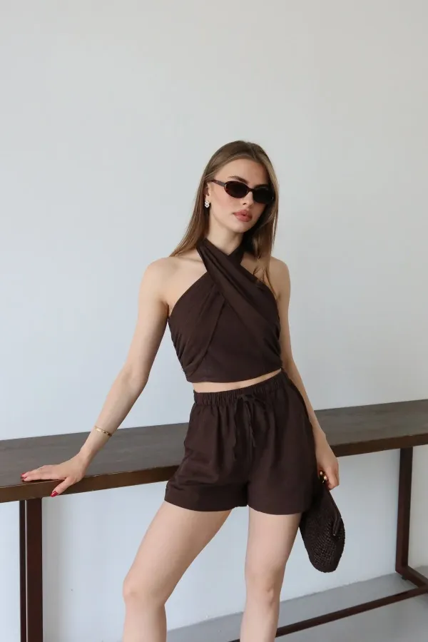 Kahveremgi Boyundan Bağlı Büstiyer Takım - 30352