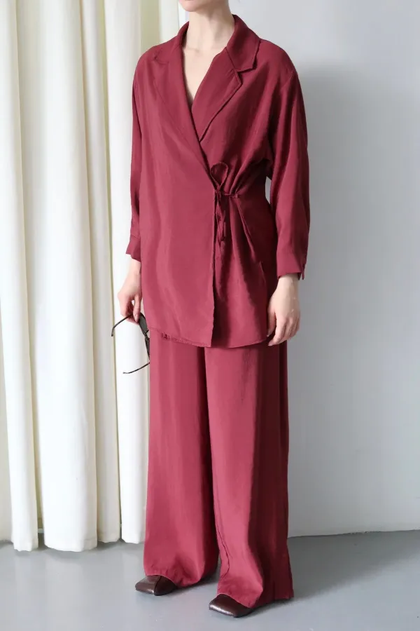 Burgundy Kimono Set with Collar Detail and Tie-Up - 8459 Burgundy Kimono Set with Collar Detail and Tie-Up - 8459
