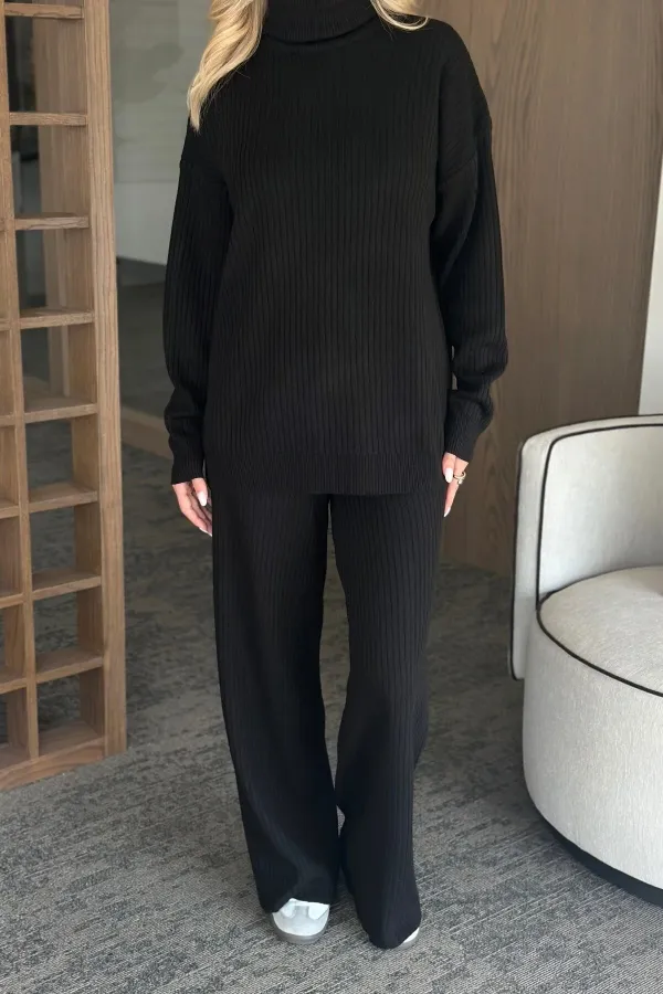 Ensemble pull à col roulé noir en maille côtelée - 4671