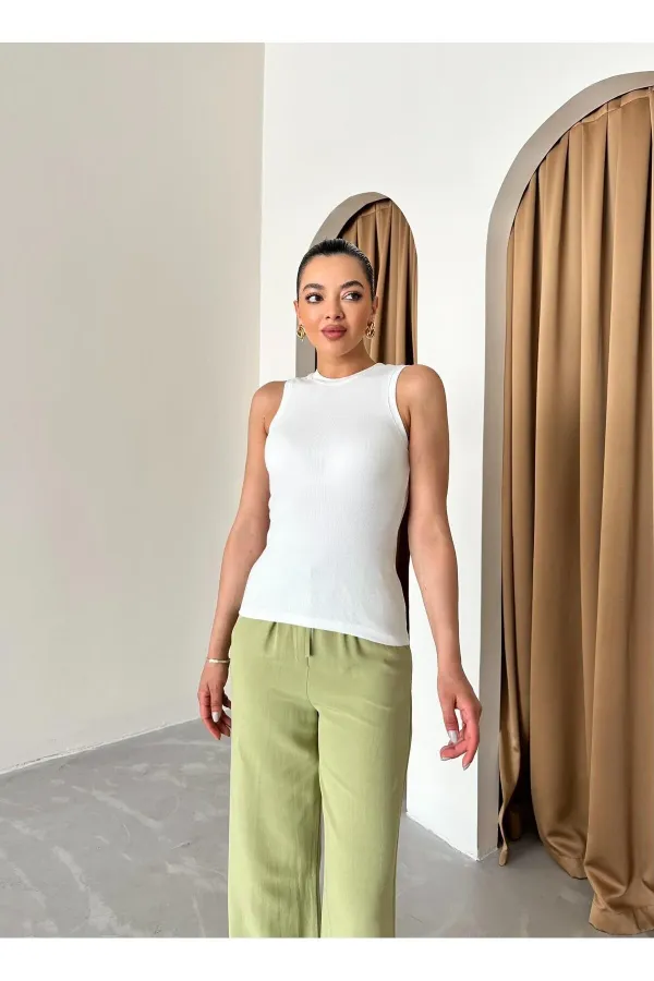 Khaki Cotton Linen Trousers with Elastic Waistband