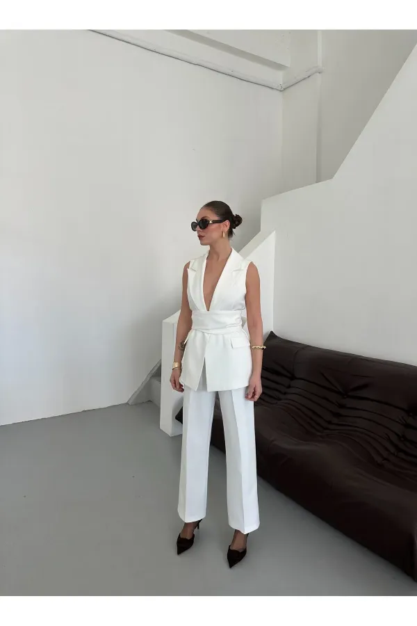 White Eliana Belted Vest and Trousers Set - 2786