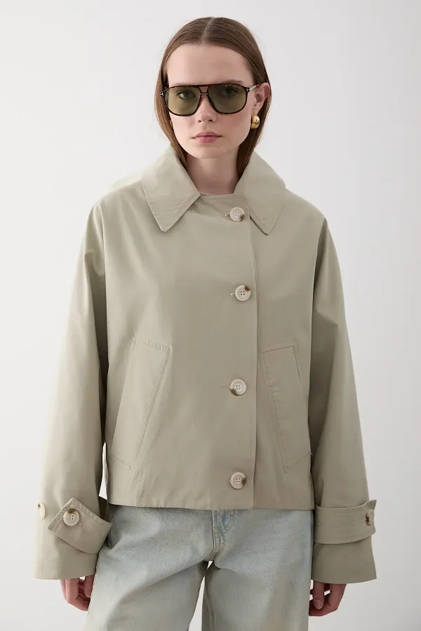 Mint Kapüşonlu Kısa Trençkot - 7003