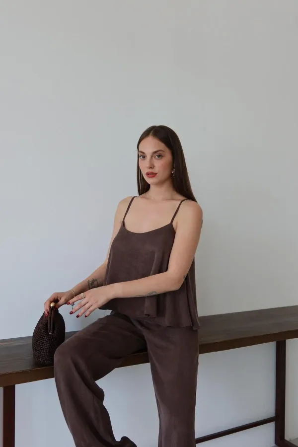 Brown Satin-Look Strappy Blouse and Pants Set Brown Satin-Look Strappy Blouse and Pants Set
