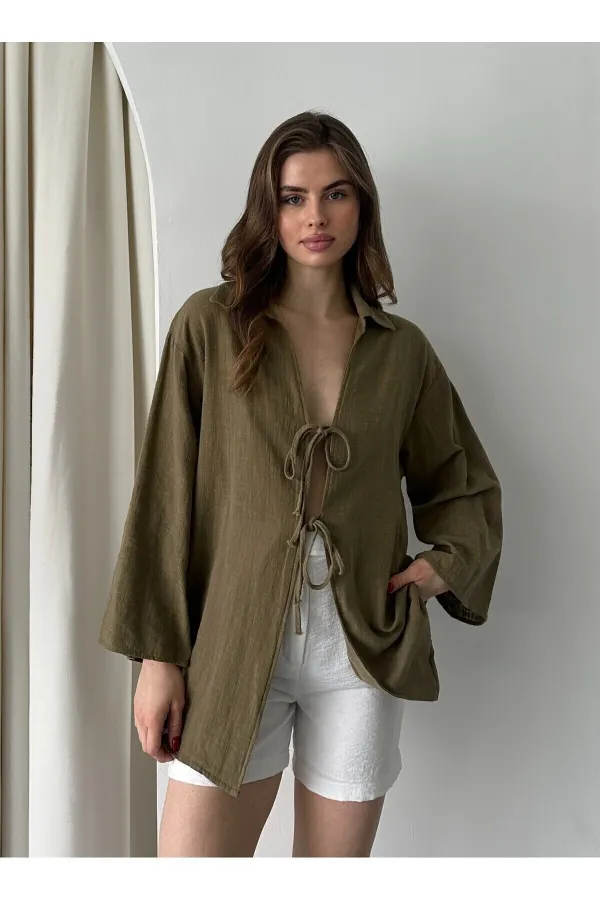 Olive %100 Keten Bağcık Detaylı Kimono Bluz - 5218