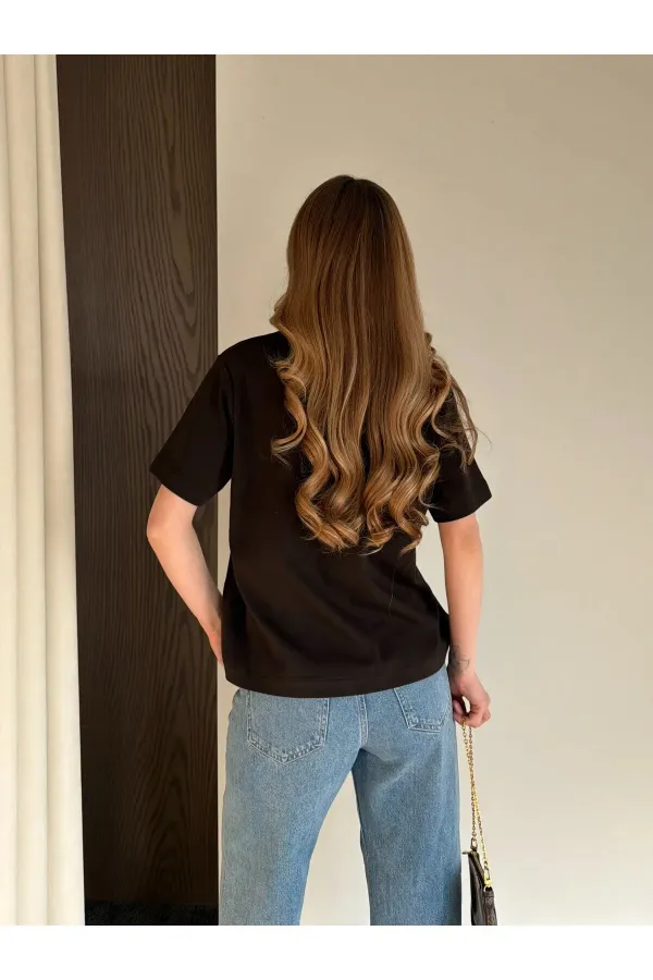 Kahverengi Kısa Kollu Düz Tshirt - 241128