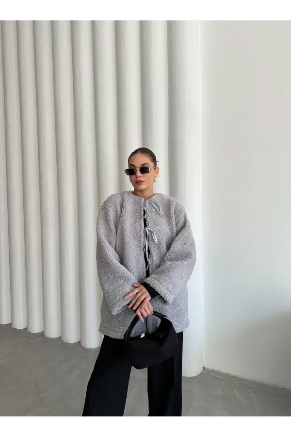 Grey Front Tie Teddy Jacket