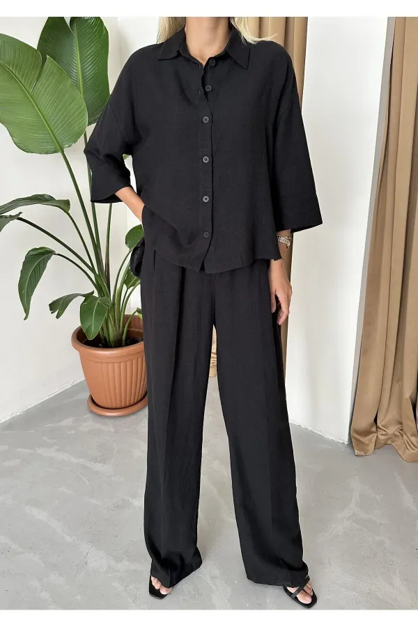 Ensemble deux pièces chemise et pantalon en lin noir