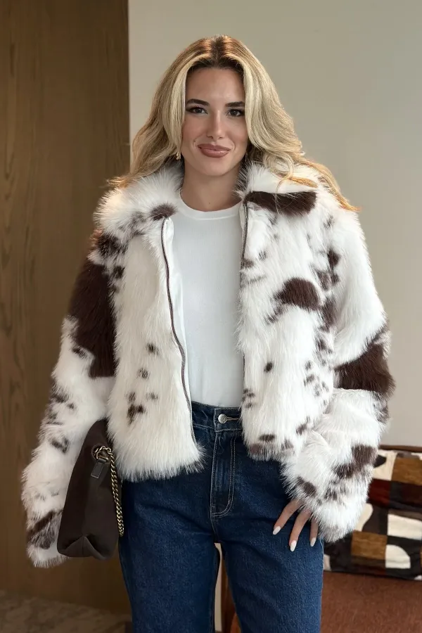 Off-Brown Patterned Zippered Fur Coat - 85154