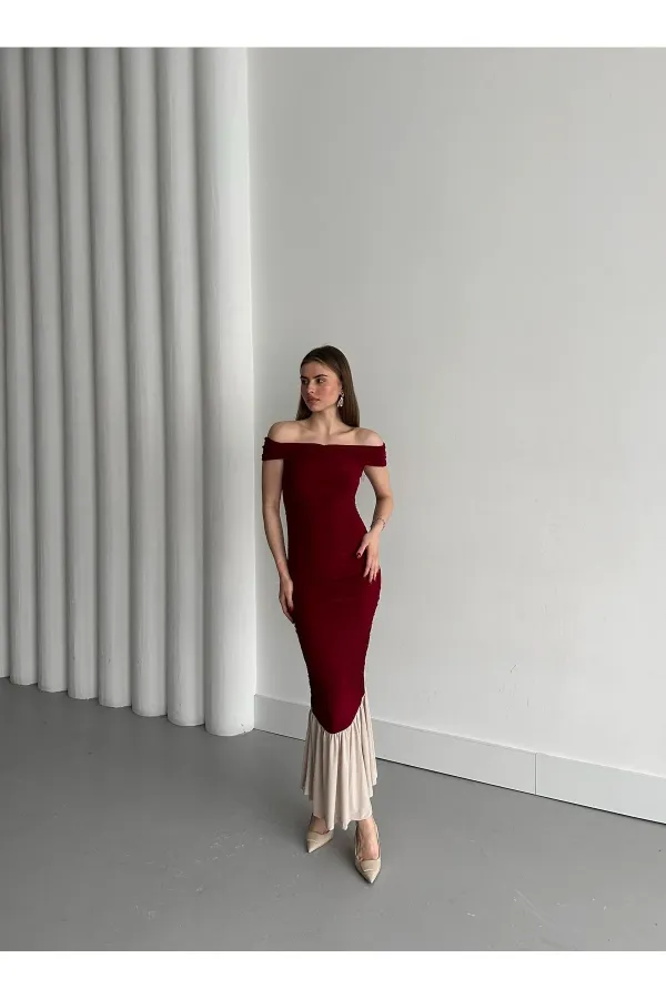 Bordo Kayık Yaka Fırfırlı Elbise - 4798