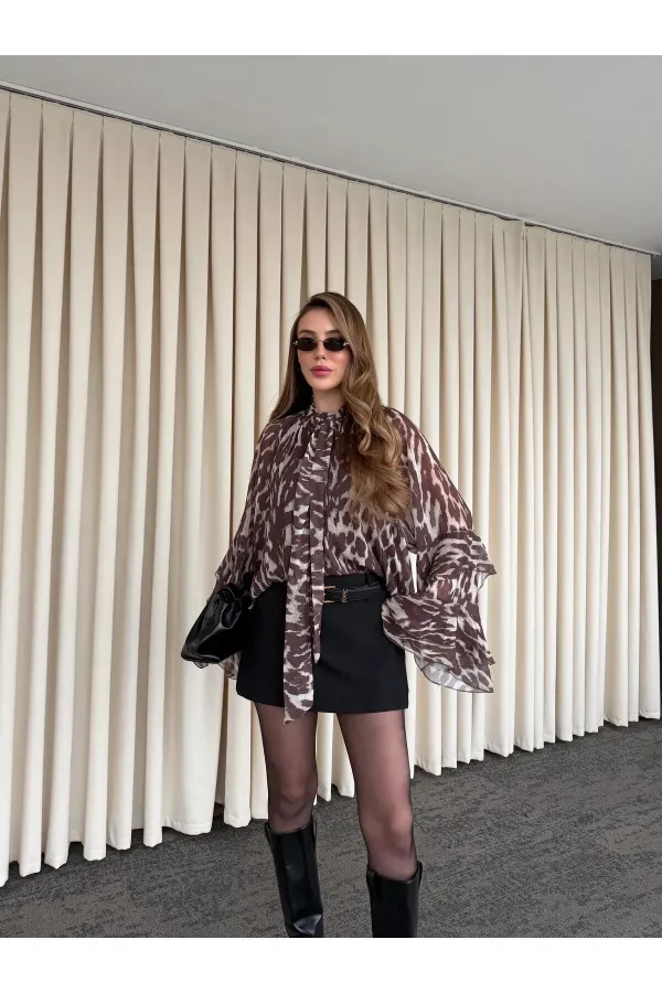 Chemisier en mousseline marron à nouer - 5024