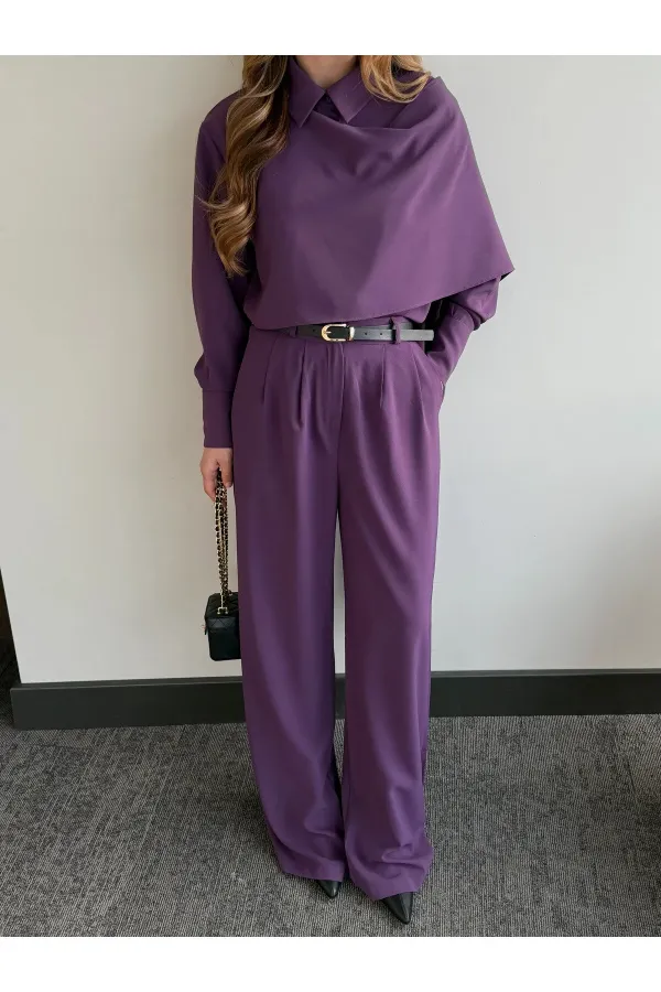 Purple Belted Shawl Collar Shirt and Trousers Set - 8004