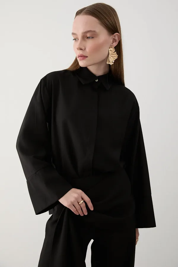 Siyah Beli Detaylı Pantolon Gömlek Takım - 8862