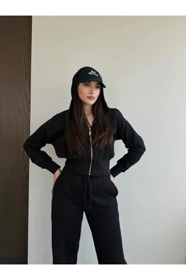 Siyah %100 Pamuk Kapüşonlu Fitilli Takım - 51232
