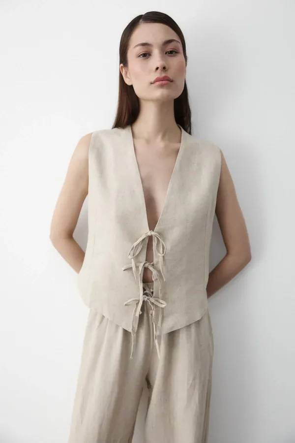 Ensemble 3 pièces en mousseline naturelle avec gilet