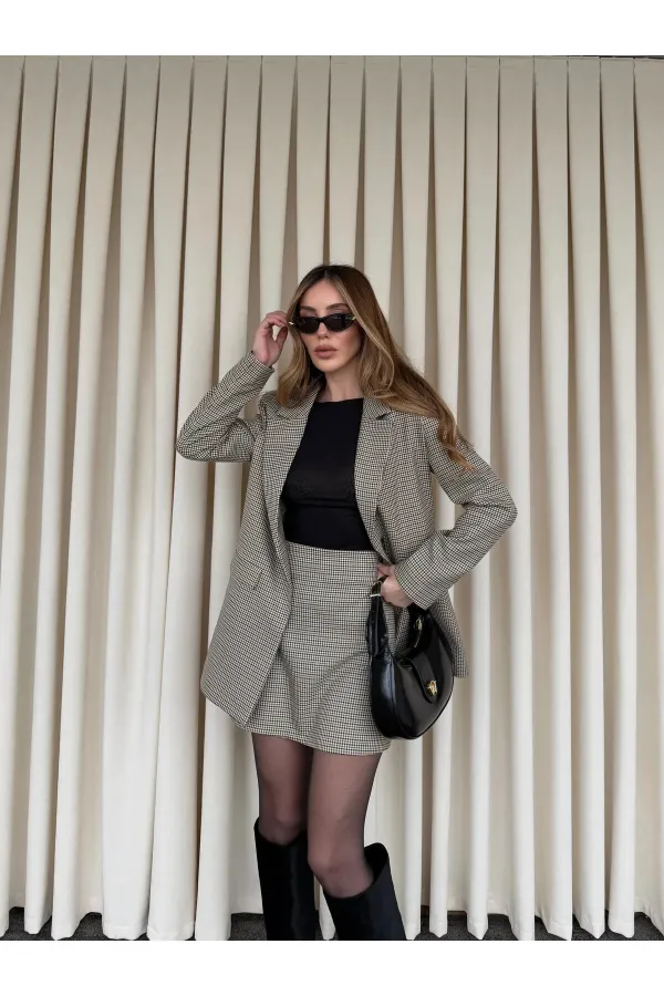Beige Gingham Jacket and Skirt Set - 4093