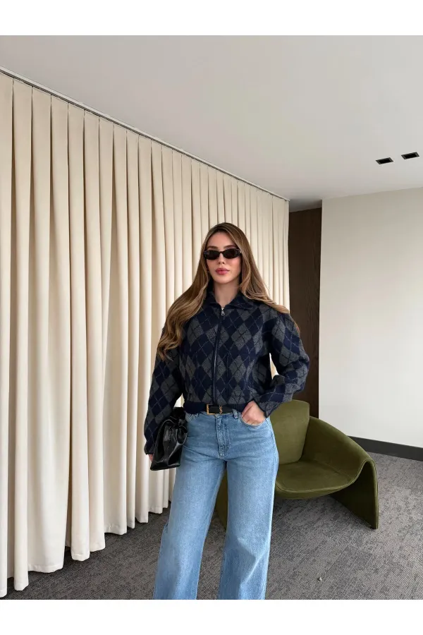 Gilet zippé bleu marine à motif losanges anthracite - 261003