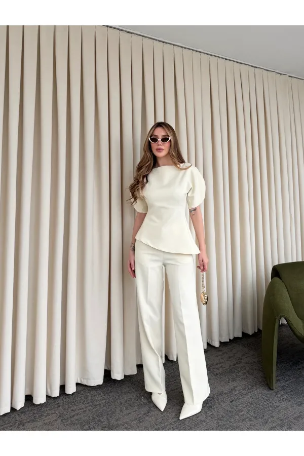 Ensemble chemisier et pantalon asymétrique blanc cassé à manches ballon - 25194