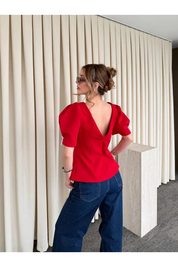 Kırmızı Kolu İnci Fiyonk Detaylı Bluz - 5001