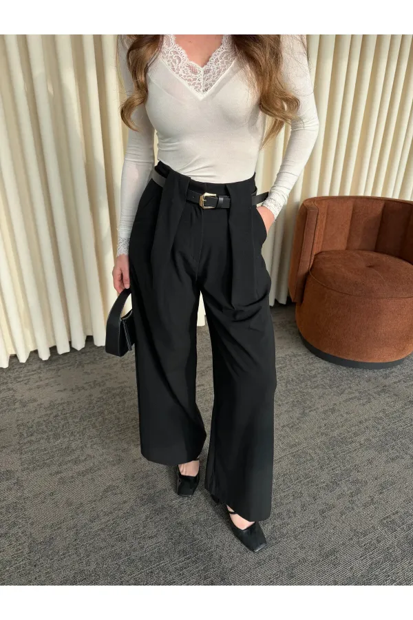 Siyah Kemerli Tasarım Pantolon - 251032