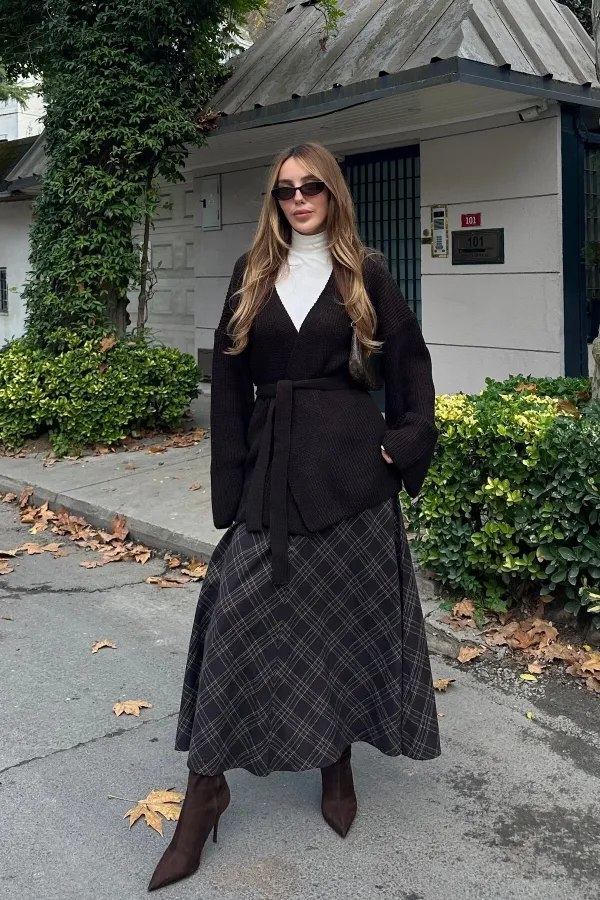 Dark Brown 100% Cotton Belted Knit Cardigan - 4627 Dark Brown 100% Cotton Belted Knit Cardigan - 4627