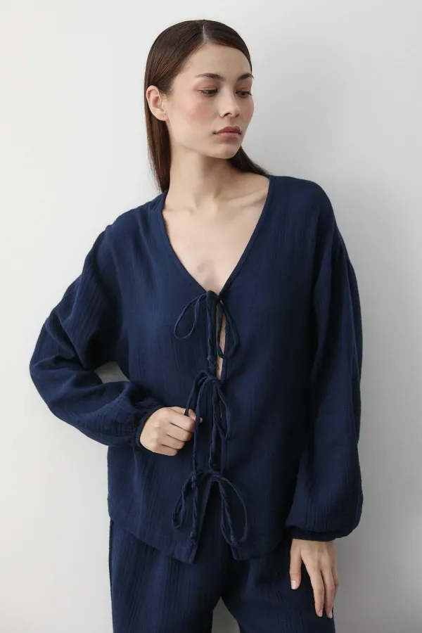 Navy Blue 100% Cotton Tie-Up Blouse and Pants Set