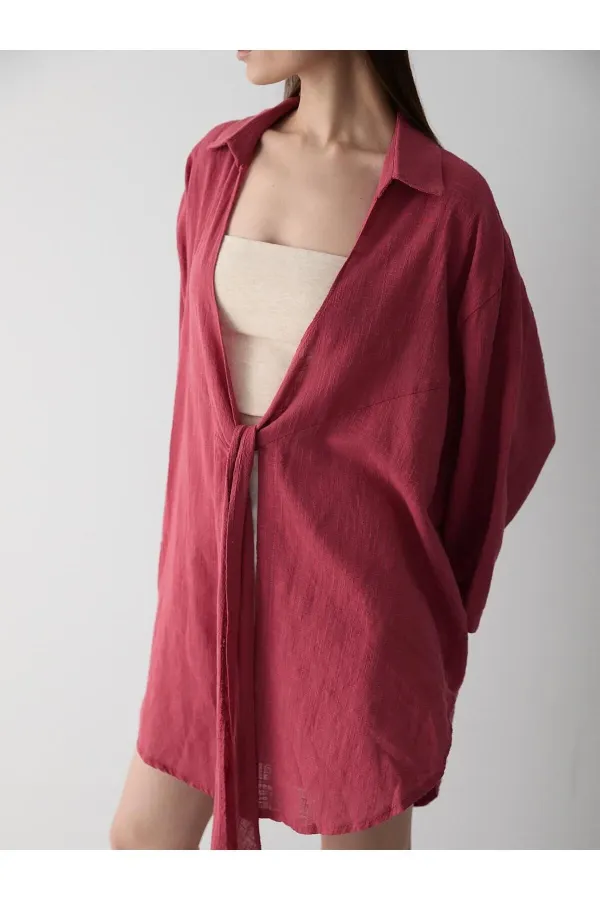 Burgundy Flam Linen Kimono Shirt