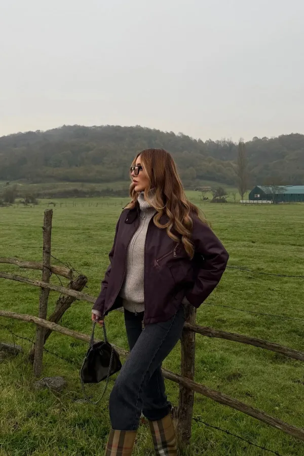 Bordo Cepli Kadife Yaka Ceket - 5124