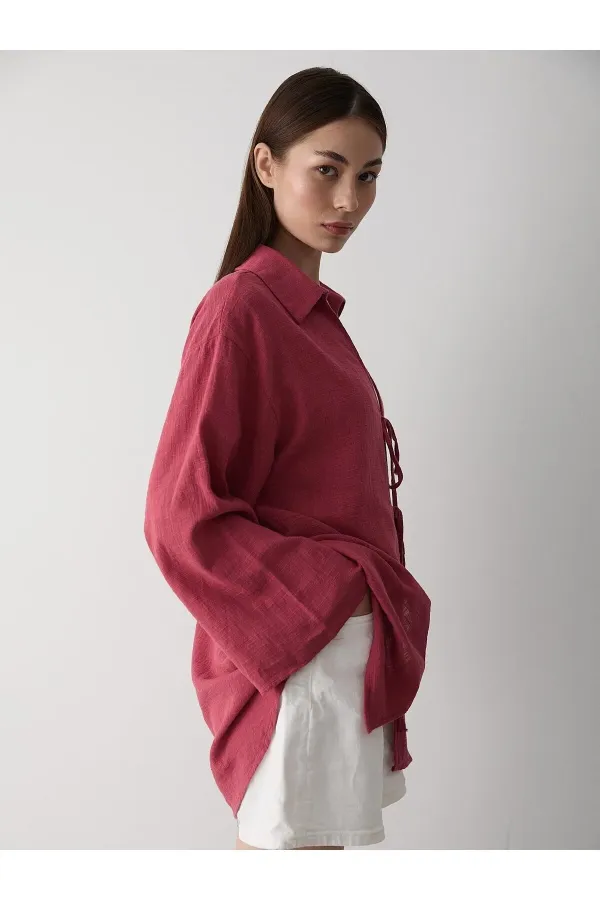 Kimono bordeaux 100 % coton et lin avec détails en dentelle