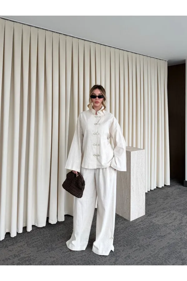 Natural Nakış Düğmeli Kimono Takım - 60624